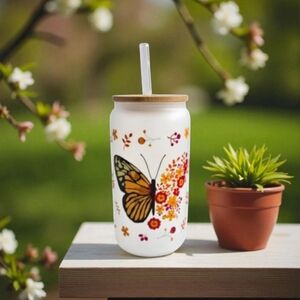 Floral Butterfly Glass Tumbler with Straw